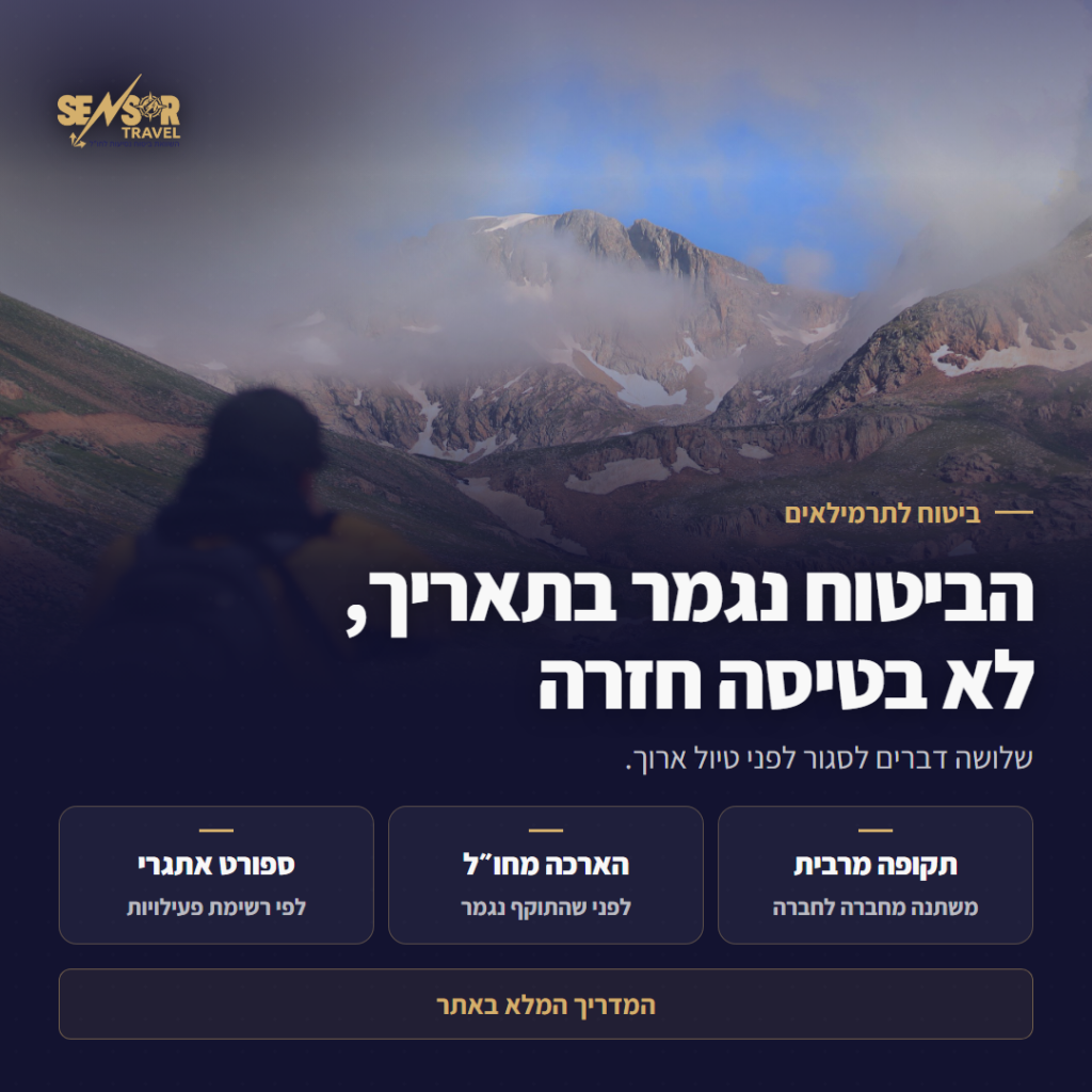 כרטיס פייסבוק של מדריך ביטוח נסיעות לתרמילאים על רקע מטייל מול רכס הרים