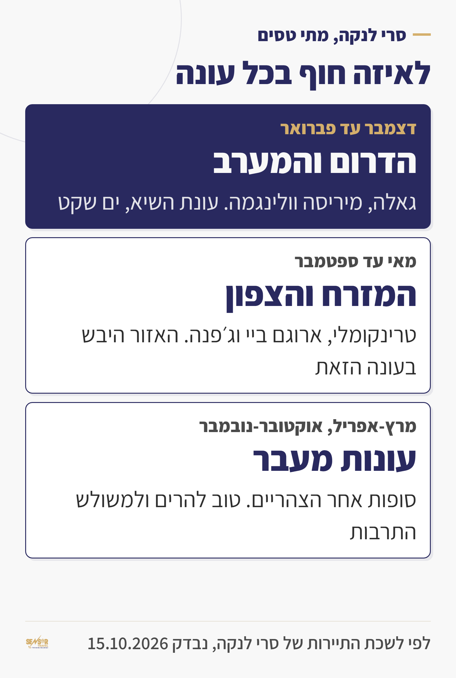 כרטיס עונות בסרי לנקה: דצמבר עד פברואר לדרום ולמערב, מאי עד ספטמבר למזרח ולצפון