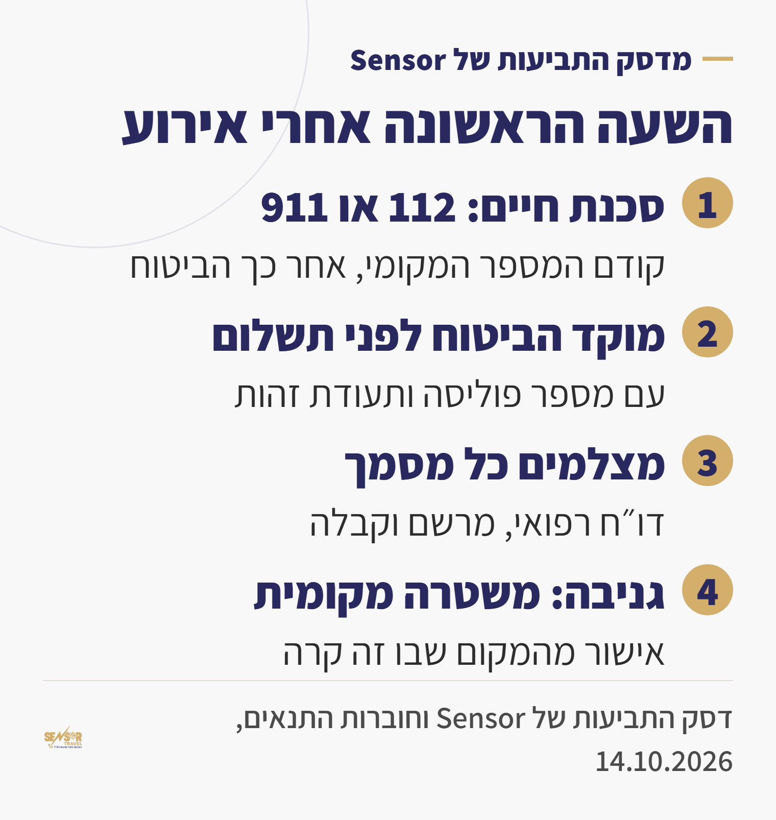 ארבעה צעדים לשעה הראשונה אחרי אירוע בחו״ל: מספר החירום המקומי, מוקד הביטוח, צילום מסמכים ודו״ח משטרה
